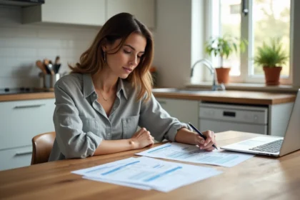 Femme consultant des documents de mutuelle santé à une table de cuisine moderne pour choisir une assurance adaptée à son mode de vie