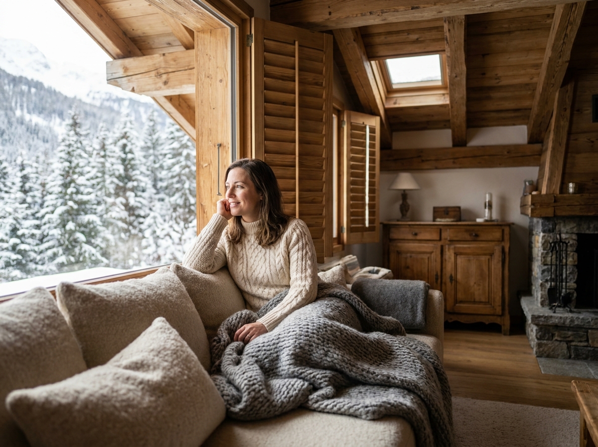 Femme relaxée dans un coin fenêtre cosy d'une chambre de chalet avec vue sur forêt de sapins enneigés et poutres apparentes
