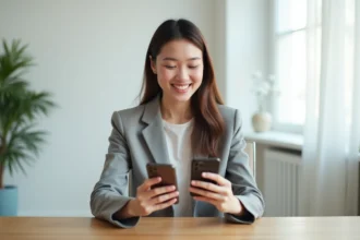 Femme comparant deux smartphones modernes sur un bureau pour choisir entre iPhone et Samsung Galaxy