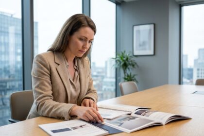 femme professionnelle examinant différentes reliures de brochures imprimées sur une table de réunion en bois clair dans un bureau moderne