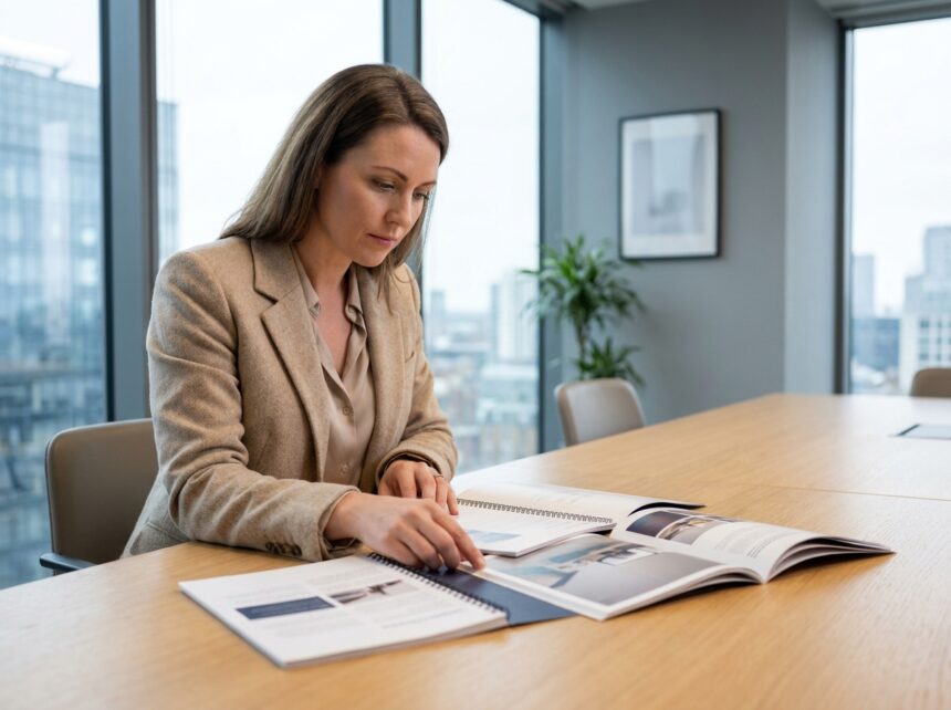 femme professionnelle examinant différentes reliures de brochures imprimées sur une table de réunion en bois clair dans un bureau moderne