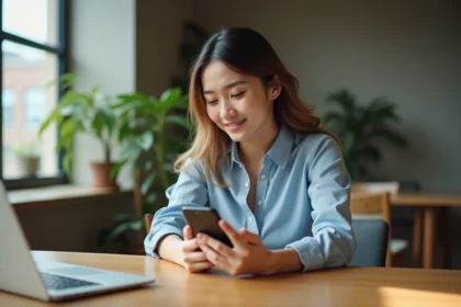 femme professionnelle comparant deux smartphones sur un bureau moderne pour choisir entre modèles haut de gamme