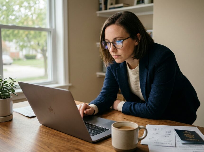 femme comparant les prix des billets d'avion sur son ordinateur portable depuis son bureau à domicile en 2026
