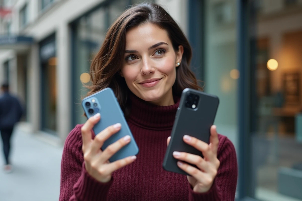 Femme comparant deux smartphones premium dans la rue en milieu urbain contemporain