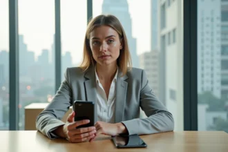 Femme professionnelle comparant un smartphone et un téléphone Android sur son bureau, décision d'achat entre iPhone et Samsung