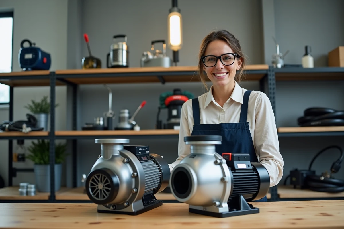 Femme comparant deux modèles de pompes haute pression dans un showroom d'équipements professionnels