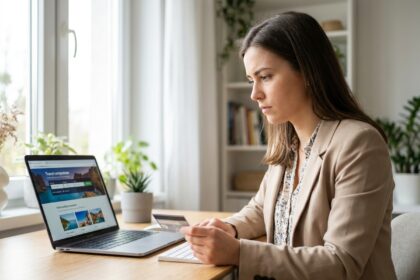 Femme jeune adulte comparant les prix des billets d'avion sur son ordinateur portable à son domicile