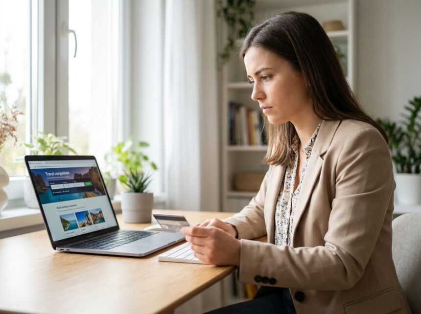 Femme jeune adulte comparant les prix des billets d'avion sur son ordinateur portable à son domicile