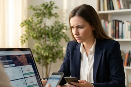 Femme comparant les prix des billets d'avion sur son ordinateur portable pour économiser sur ses vols en 2026