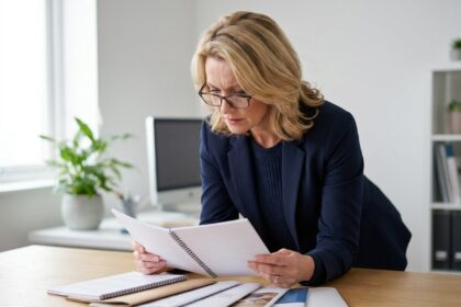 femme professionnelle comparant différentes reliures de brochures imprimées sur un bureau moderne, spirale et reliure parfaite visibles