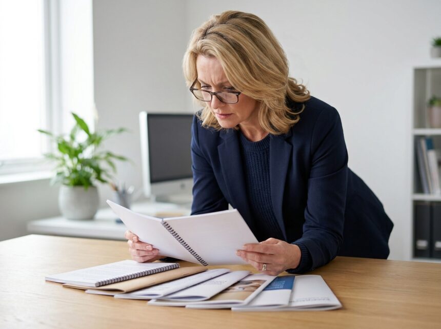 femme professionnelle comparant différentes reliures de brochures imprimées sur un bureau moderne, spirale et reliure parfaite visibles