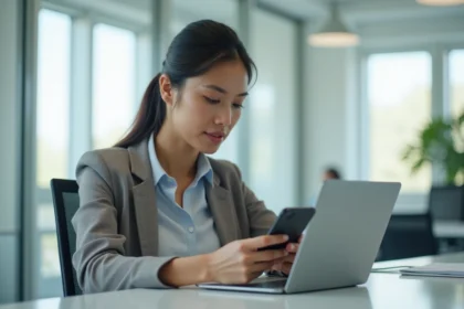 femme professionnelle comparant deux smartphones premium sur un bureau moderne