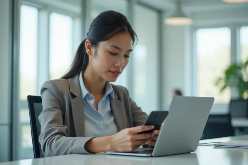 femme professionnelle comparant deux smartphones premium sur un bureau moderne
