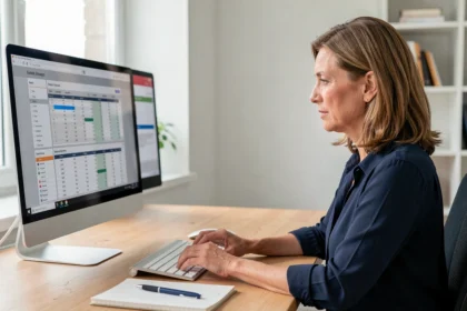 Une femme comptable utilisant un logiciel de comptabilité sur ordinateur dans un bureau d'association