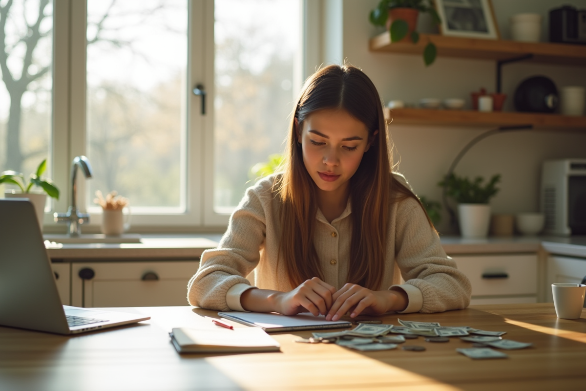 Jeune femme comptant des pièces dans une cuisine lumineuse