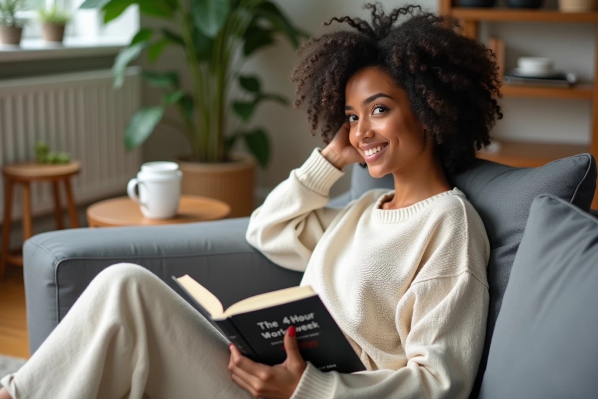 femme lisant La Semaine de 4h confortablement chez elle, illustrant l'équilibre vie-travail et la liberté financière
