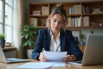Femme de 40 ans consultant son contrat d'assurance emprunteur à son bureau à domicile en 2026