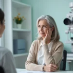 Femme d'âge moyen en consultation chez un audiologiste à Yerres pour un bilan auditif
