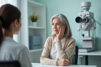 Femme d'âge moyen en consultation chez un audiologiste à Yerres pour un bilan auditif