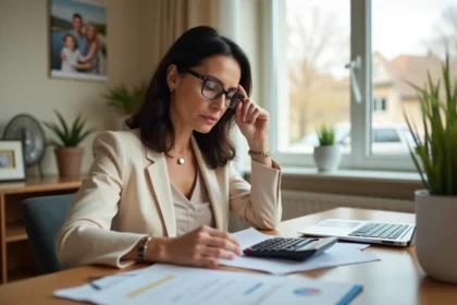 femme d'âge moyen consultant des documents financiers pour assurance vie et plan epargne retraite à son bureau