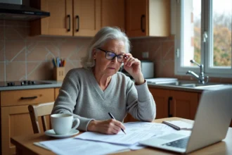Femme qui consulte des documents pour demander la prime rénov dans une cuisine française