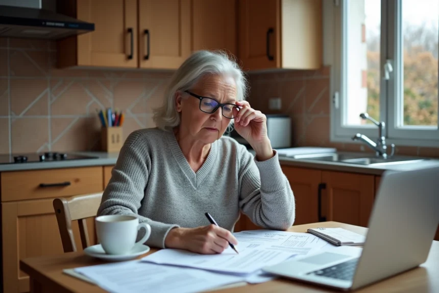 Femme qui consulte des documents pour demander la prime rénov dans une cuisine française