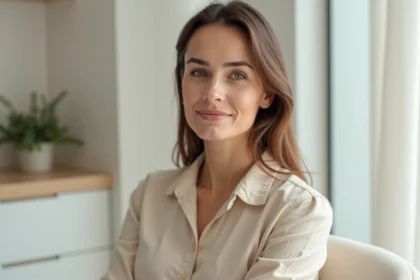 Femme souriante en consultation montrant l'harmonie du profil du menton et de la structure faciale