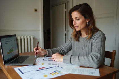 Femme consultant des documents sur la prime rénov à son domicile pour planifier ses travaux de rénovation énergétique