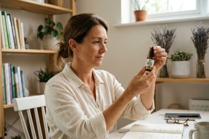 Femme examinant attentivement une bouteille d'huile CBD ambérée à son bureau, entourée de ressources de bien-être et de notes, illustrant le choix éclairé d'un produit CBD adapté