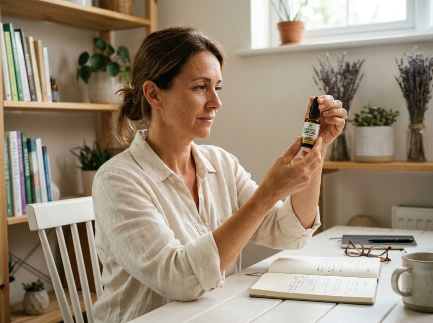 Femme examinant attentivement une bouteille d'huile CBD ambérée à son bureau, entourée de ressources de bien-être et de notes, illustrant le choix éclairé d'un produit CBD adapté
