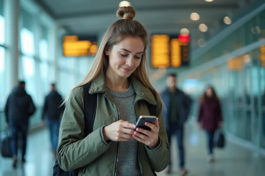femme voyageuse consultant son téléphone intelligent pour naviguer dans un terminal d'aéroport moderne avec panneaux numériques