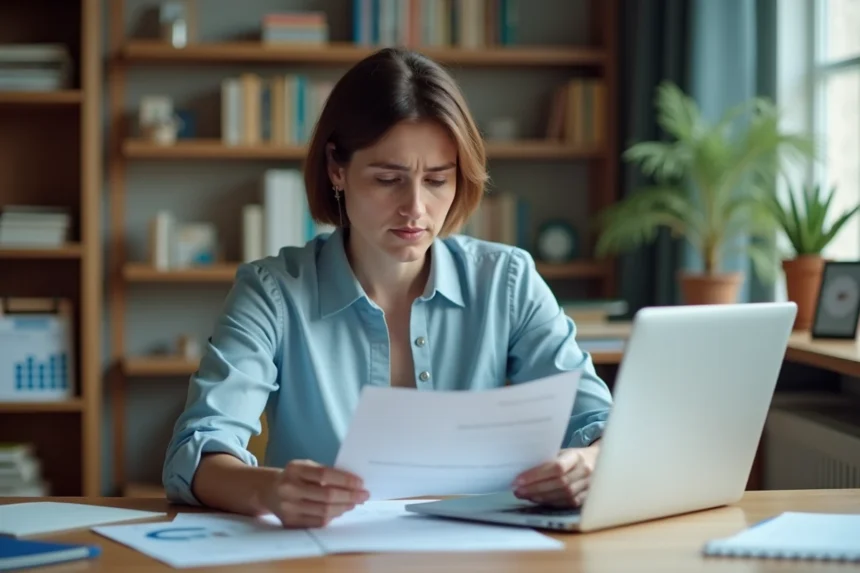Femme consultant un contrat d'assurance emprunteur à son bureau avec un calendrier en arrière-plan