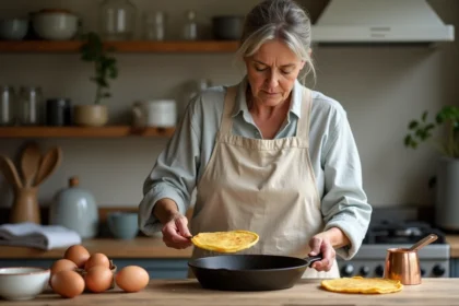 Femme bretonne en train de faire cuire des crêpes dans une poêle en fonte dans une cuisine traditionnelle avec ingrédients frais visibles