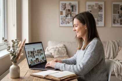Femme consultando decoraciones de boda en línea en su computadora portátil en casa, ahorando presupuesto para su matrimonio