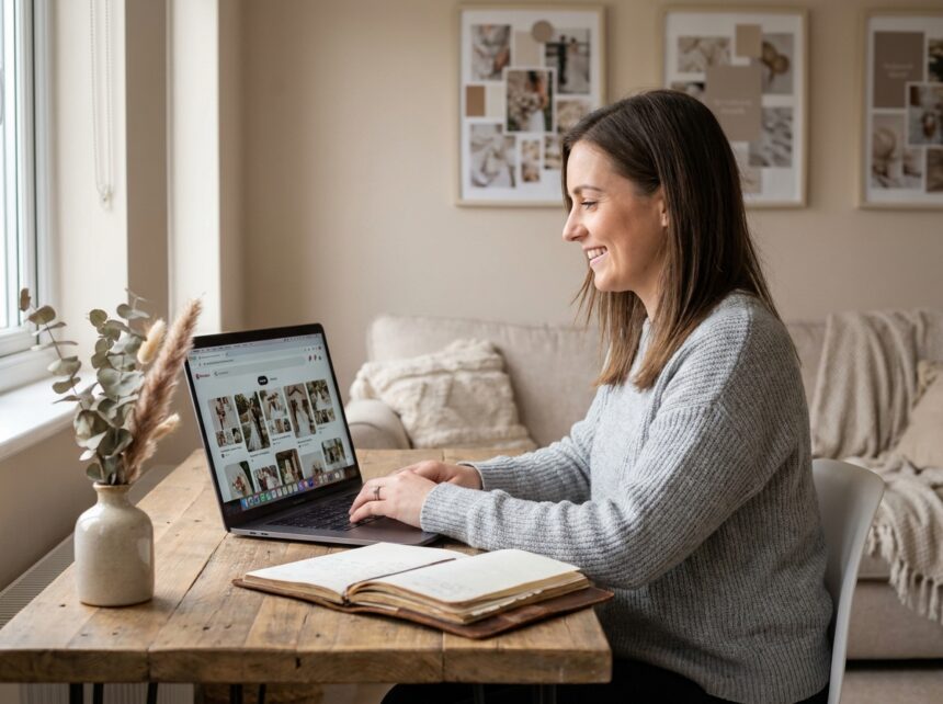 Femme consultando decoraciones de boda en línea en su computadora portátil en casa, ahorando presupuesto para su matrimonio