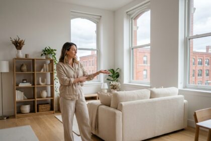 Femme découvrant son appartement Toulouse parfaitement aménagé avec mobilier moderne et rangements organisés