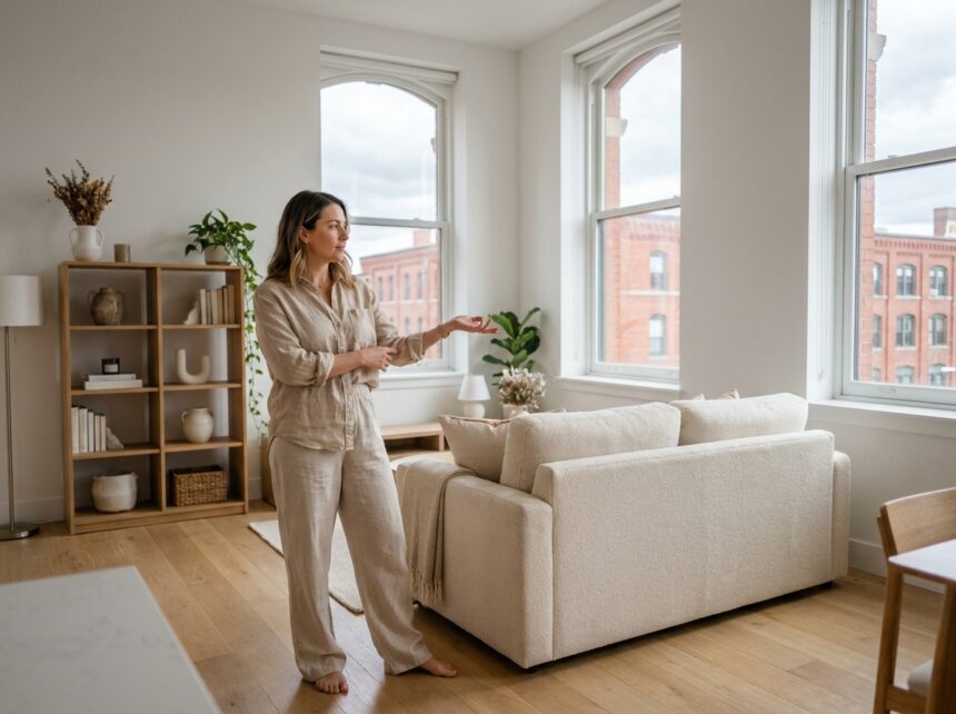 Femme découvrant son appartement Toulouse parfaitement aménagé avec mobilier moderne et rangements organisés