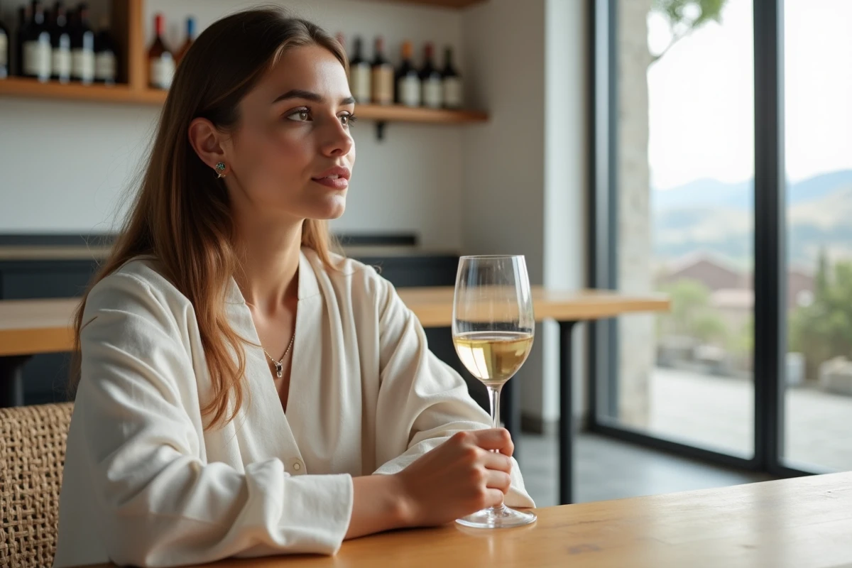 Jeune femme marocaine dégustant du vin blanc dans une salle de dégustation moderne avec vue sur paysage montagneux