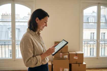 Femme avec tablette consultant son déménagement dans un appartement moderne de Neuilly avec vue sur les toits de Paris