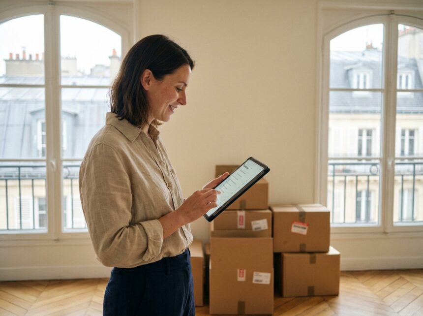 Femme avec tablette consultant son déménagement dans un appartement moderne de Neuilly avec vue sur les toits de Paris