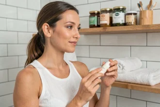 Femme appliquant un déodorant naturel en stick dans une salle de bain minimaliste avec des produits bio en arrière-plan