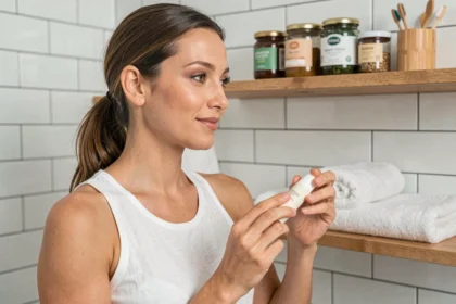 Femme appliquant un déodorant naturel en stick dans une salle de bain minimaliste avec des produits bio en arrière-plan