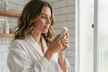 Femme appliquant un déodorant sans aluminium dans une salle de bain naturelle et épurée