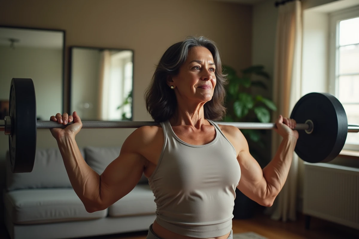 Femme mature en train de faire un développé couché avec technique équilibrée dans son espace d'entraînement personnel