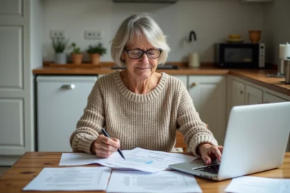 Femme consultant les documents de la prime renov à sa table de cuisine