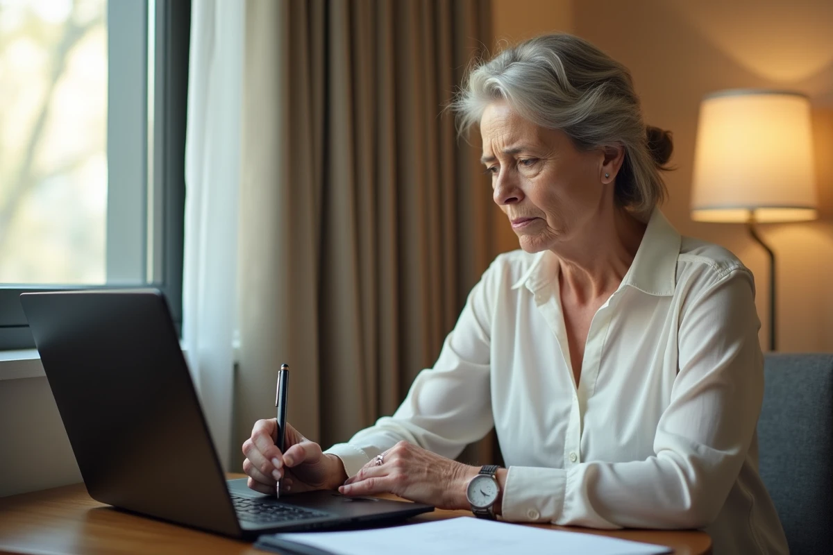 Femme vérifie documents voyage sur ordinateur portable, chambre hôtel Dubaï, expression concentrée et prudente