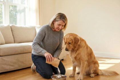 Femme préparant des compléments alimentaires pour son chien golden retriever dans un bol de nourriture à domicile