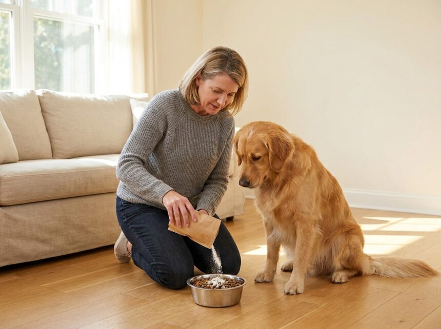Femme préparant des compléments alimentaires pour son chien golden retriever dans un bol de nourriture à domicile