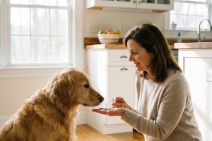 Femme donnant un complément alimentaire à son chien golden retriever dans une cuisine moderne et lumineuse