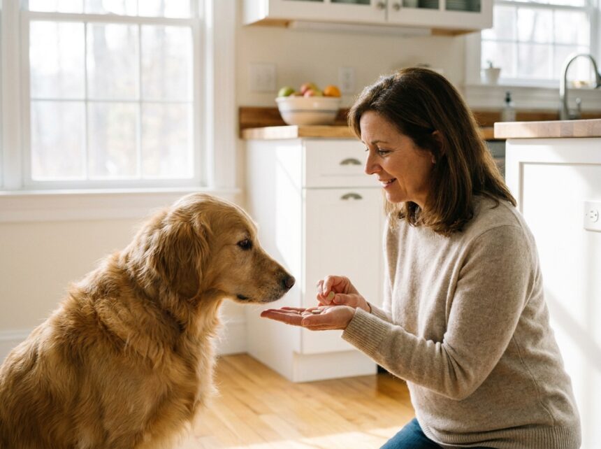 Femme donnant un complément alimentaire à son chien golden retriever dans une cuisine moderne et lumineuse